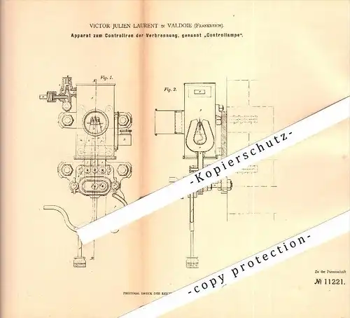 Original Patent - Victor Julien Laurent à Valdoie , 1880 , Témoin de contrôle pour la combustion , Wedau !!!
