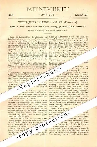Original Patent - Victor Julien Laurent à Valdoie , 1880 , Témoin de contrôle pour la combustion , Wedau !!!