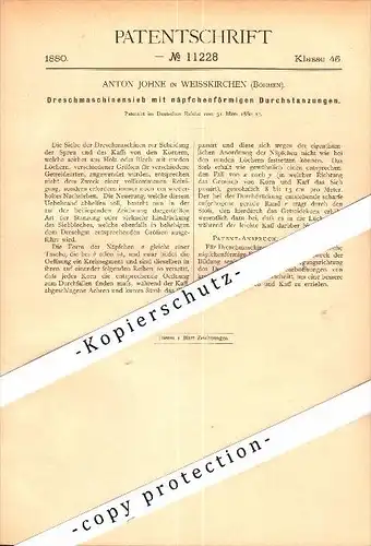 Original Patent - Anton Johne in Weißkirchen / Bílý Kostel nad Nisou , 1880 , Sieb für Dreschmaschine , Böhmen , Neiße !