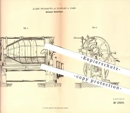 original Patent - Julien Steinmann dit Kaminski in Paris , 1880 , Rotierender Knotenfänger , Papier , Papierfabrik !!!