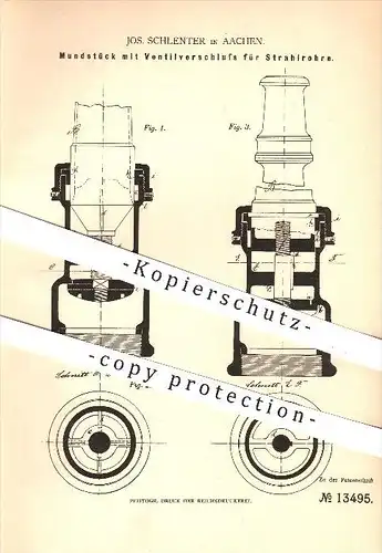 original Patent - Jos. Schlentner in Aachen , 1880 , Mundstück mit Ventilverschluss für Strahlrohre , Rohre , Ventil !!!