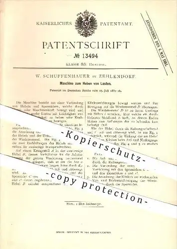 original Patent - W. Schuffenhauer in Zehlendorf , 1880 , Maschine zum Heben von Lasten , Hebezeuge , Berlin !!!