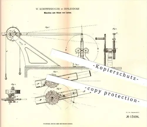 original Patent - W. Schuffenhauer in Zehlendorf , 1880 , Maschine zum Heben von Lasten , Hebezeuge , Berlin !!!