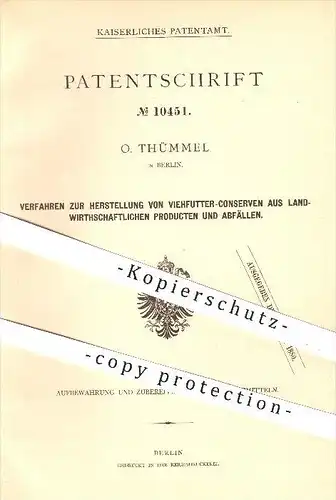 original Patent - O. Thümmel in Berlin , 1879 , Herstellung von Viehfutter , Tiere , Tierfutter , Landwirtschaft !!!