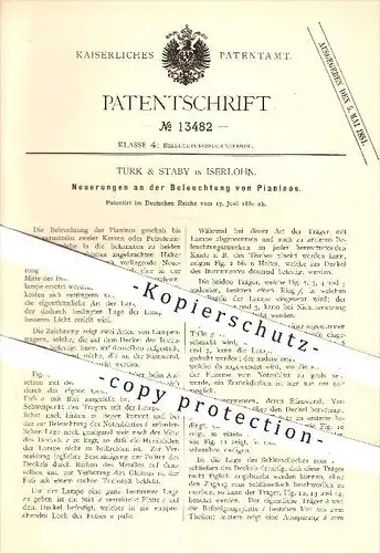 original Patent - Turk & Staby in Iserlohn , 1880 , Beleuchtung von Pianinos , Piano , Klavier , Licht , Lampe , Lampen