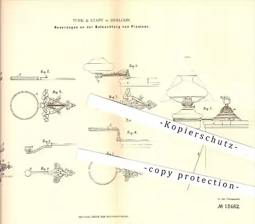 original Patent - Turk & Staby in Iserlohn , 1880 , Beleuchtung von Pianinos , Piano , Klavier , Licht , Lampe , Lampen
