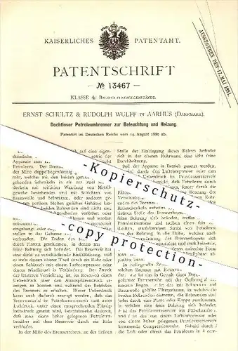 original Patent - Ernst Schultz , Rudolph Wulff , Aarhus , Dänemark , 1880 , Petroleum - Brenner , Beleuchtung , Heizung
