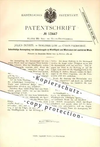 original Patent - J. Dunkel , Berliner-Loh b. Carolinenhorst , 1880, Segel an Windrädern , Karolinenhorst , Greifenhagen