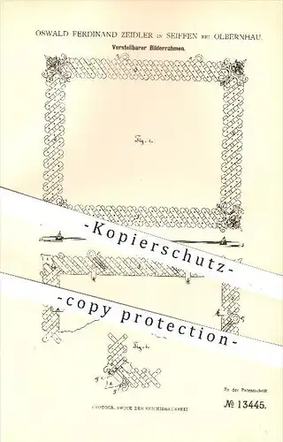 original Patent - Oswald Ferdinand Zeidler in Seiffen bei Olbernhau , 1880 , Verstellbarer Bilderrahmen , Rahmen , Bild