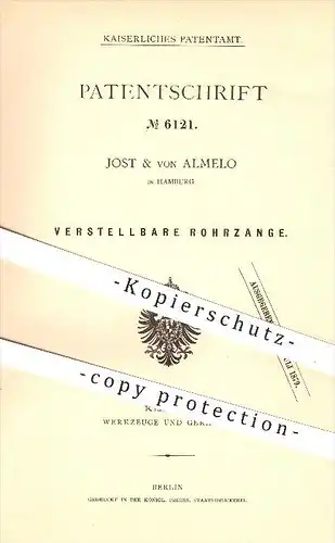 original Patent - Jost & von Almelo in Hamburg , 1878 , Verstellbare Rohrzange , Zange , Zangen , Werkzeug , Werkzeuge