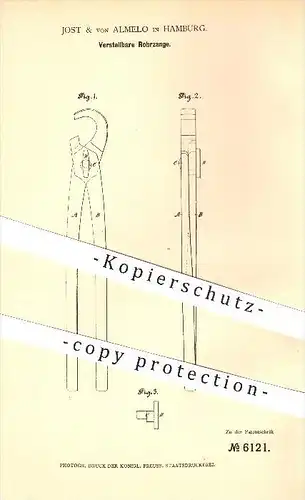 original Patent - Jost & von Almelo in Hamburg , 1878 , Verstellbare Rohrzange , Zange , Zangen , Werkzeug , Werkzeuge