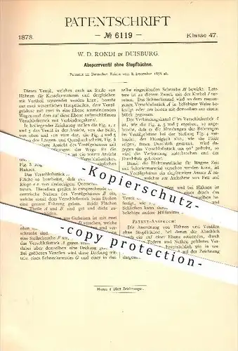 original Patent - W. D. Rondi in Duisburg , 1878 , Absperrventil ohne Stopfbüchse , Ventil , Kessel , Dampfkessel !!!