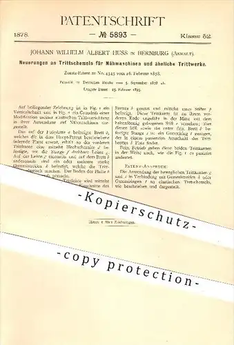 original Patent - Johann Wilh. A. Huss , Bernburg , 1878 , Trittwerk für Nähmaschinen , Nähen , Näherin , Nähmaschine !!