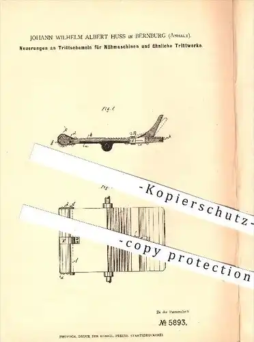 original Patent - Johann Wilh. A. Huss , Bernburg , 1878 , Trittwerk für Nähmaschinen , Nähen , Näherin , Nähmaschine !!