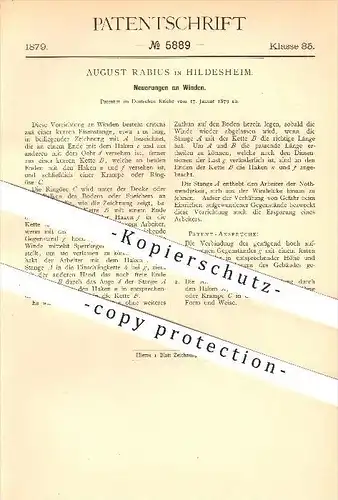 original Patent - August Rabius in Hildesheim , 1879 , Winde , Winden , Hebezeuge , Heben , Seilwinde , Last , Lastenzug