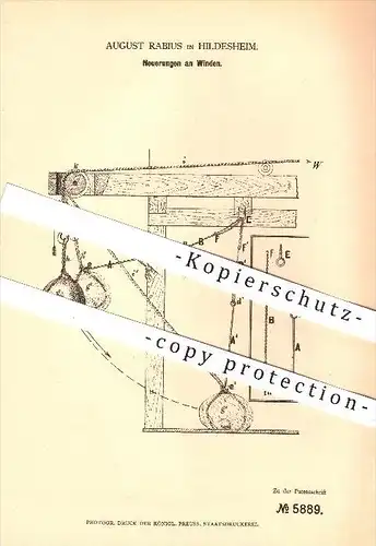 original Patent - August Rabius in Hildesheim , 1879 , Winde , Winden , Hebezeuge , Heben , Seilwinde , Last , Lastenzug