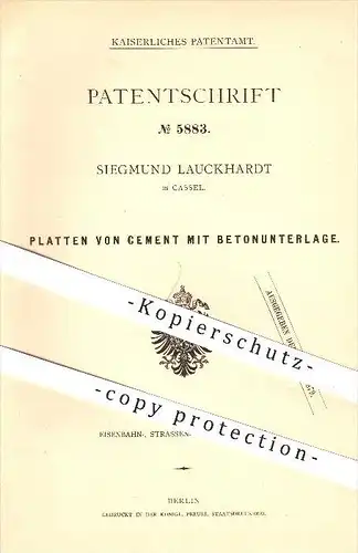 original Patent - Siegmund Lauckhardt in Kassel , 1878 , Platten von Zement mit Betonunterlage , Beton , Fliesen !!!