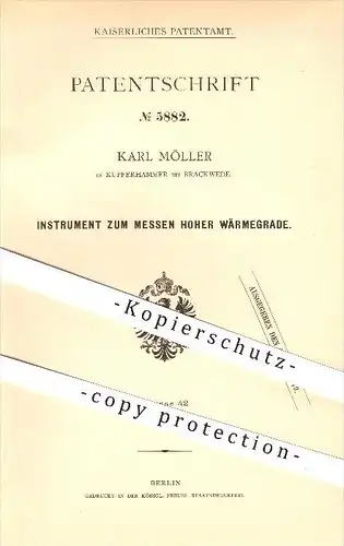 original Patent - Karl Möller in Kupferhammer bei Brackwede , 1878 , Messen hoher Wärmegrade , Wärme , Thermometer !!!