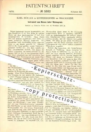 original Patent - Karl Möller in Kupferhammer bei Brackwede , 1878 , Messen hoher Wärmegrade , Wärme , Thermometer !!!