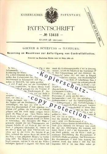 original Patent - Girner und Schefuss , Hamburg , 1880 , Anfertigung von Kontrollbillettes , Druck , Druckerei , Drucker