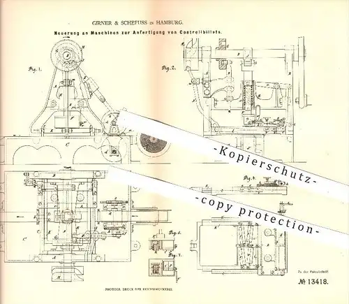 original Patent - Girner und Schefuss , Hamburg , 1880 , Anfertigung von Kontrollbillettes , Druck , Druckerei , Drucker