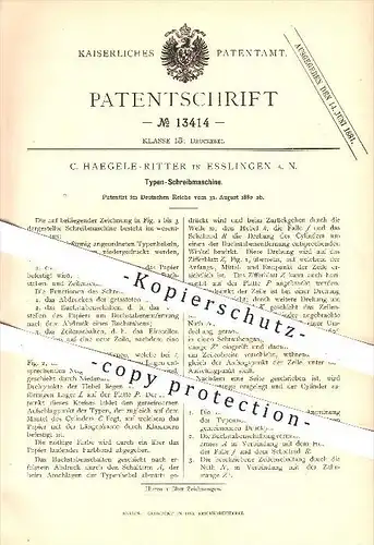 original Patent - C. Haegele-Ritter in Esslingen a. N. , 1880 , Typen - Schreibmaschine , Schreiben , Druck , Druckerei