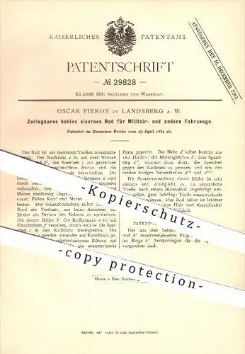original Patent - Oscar Pieron in Landsberg a. W. , 1884 , eisernes Rad für Militär - Fahrzeuge , Fahrzeugbau , Räder !!