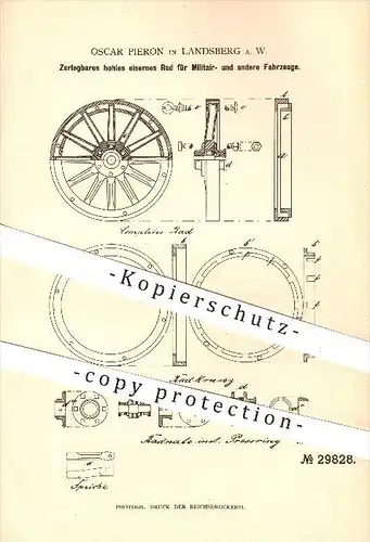 original Patent - Oscar Pieron in Landsberg a. W. , 1884 , eisernes Rad für Militär - Fahrzeuge , Fahrzeugbau , Räder !!