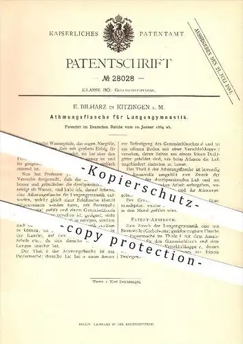 original Patent - E. Bilharz in Kitzingen a. M. , 1884 , Atmungsflasche für Lungengymnastik , Atmung , Atmen , Lunge !!!