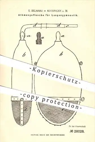 original Patent - E. Bilharz in Kitzingen a. M. , 1884 , Atmungsflasche für Lungengymnastik , Atmung , Atmen , Lunge !!!