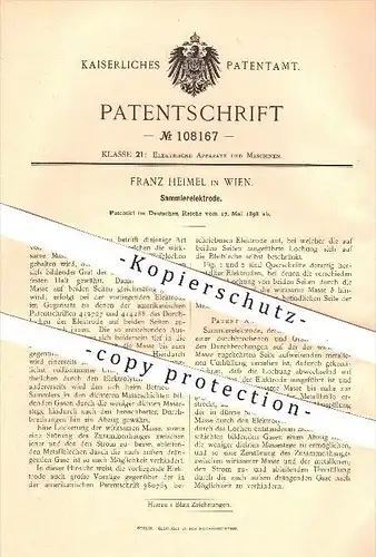 original Patent - Franz Heimel in Wien , 1898 , Sammlerelektrode , Elektrode , Elektrik , Masse , Strom !!!