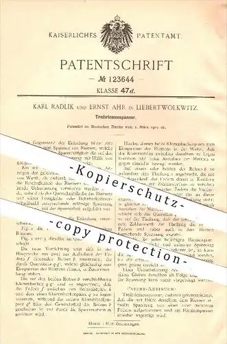 original Patent - Karl Radlik und Ernst Ahr in Liebertwolkwitz , 1901 , Treibriemenspanner , Riemen , Leipzig !!!