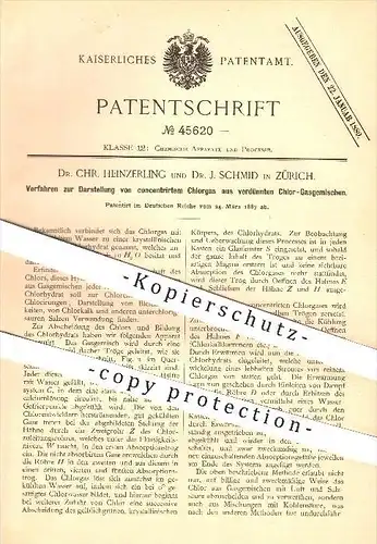 original Patent - Dr. Chr. Heinzerling u. Dr. J. Schmid , Zürich , 1887 , Chlorglas aus verdünnten Chlor - Gasgemischen