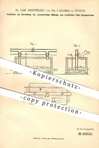 original Patent - Dr. Chr. Heinzerling u. Dr. J. Schmid , Zürich , 1887 , Chlorglas aus verdünnten Chlor - Gasgemischen