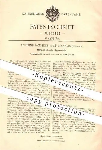 original Patent - Antoine Janssens in Saint-Nicolas , Belgien , 1900 , Wärmeabgebender Rippenmantel , Heizung