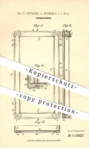 original Patent - Dr. C. Oetling , Strehla a. d. Elbe , 1899 , Lichtpausrahmen , Zeichnen , Kopieren , Kopie , Schreiben