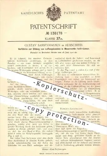 original Patent - Gustav Sassenhausen in Remscheid , 1900 , Lüftungskanäle in Mauerwerk - Isolierräumen , Lüftung !!!