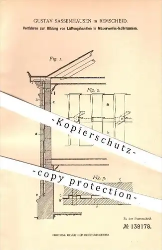 original Patent - Gustav Sassenhausen in Remscheid , 1900 , Lüftungskanäle in Mauerwerk - Isolierräumen , Lüftung !!!