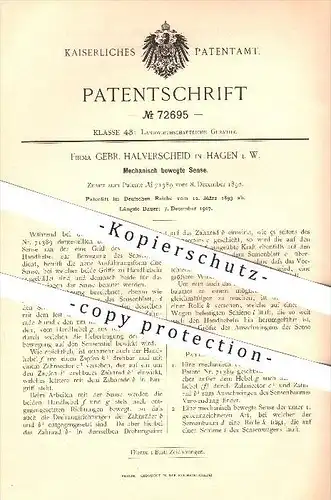 original Patent - Gebrüder Halverscheid in Hagen i. W. , 1893 , Mechanisch bewegte Sense , Landwirtschaft , Sensen !!!