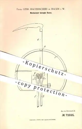 original Patent - Gebrüder Halverscheid in Hagen i. W. , 1893 , Mechanisch bewegte Sense , Landwirtschaft , Sensen !!!