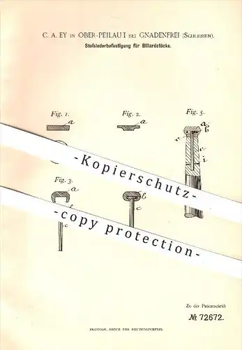 original Patent - C. A. Ey in Ober-Peilau I bei Gnadenfrei , Schlesien , 1893 , Befestigung für Billardstöcke , Billard