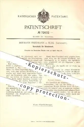 original Patent - Hermann Friedmann in Suhl , 1893 , Verschluss für Schuhwerk , Schuhe , Schuster , Stiefel , Schuh !!!
