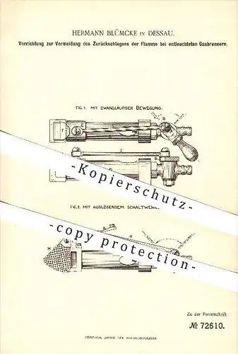 original Patent - Hermann Blümcke in Dessau , 1893 , Flamme bei Gasbrennern , Gas , Brenner , Beleuchtung , Licht !!!