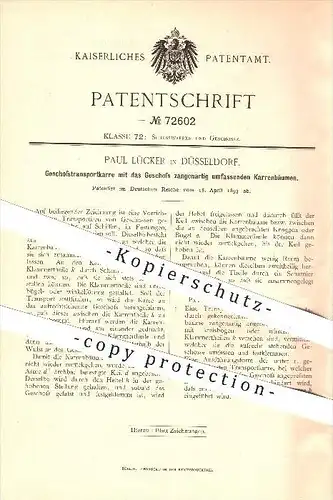 original Patent - Paul Lücker in Düsseldorf , 1893 , Geschosstransportkarre , Karre , Geschosse , Schusswaffen , Waffen