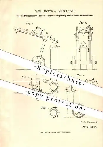 original Patent - Paul Lücker in Düsseldorf , 1893 , Geschosstransportkarre , Karre , Geschosse , Schusswaffen , Waffen