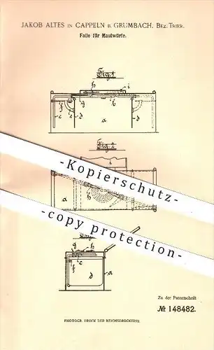 original Patent - Jakob Altes , Kappeln bei Grumbach , Trier , 1903 , Falle für Maulwürfe , Maulwurf , Tierfalle , Tiere