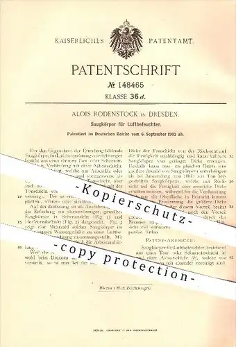 original Patent - Alois Rodenstock in Dresden , 1902 , Saugkörper für Luftbefeuchter , Luft , Luftfeuchte , Schamott !!!