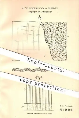 original Patent - Alois Rodenstock in Dresden , 1902 , Saugkörper für Luftbefeuchter , Luft , Luftfeuchte , Schamott !!!
