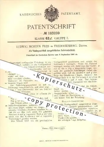 original Patent - Ludwig Morten Friis , Frederiksberg , Dänemark , 1906, Als Vorlegeschloss ausgebildetes Fahrradschloss
