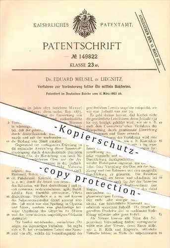 original Patent - Dr. Eduard Meusel in Liegnitz / Legnica ,1903, Veränderung fetter Öle mittels Bakterien , Öl , Zucker